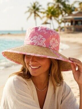 Big Dogs Foldable Hibiscus Straw Packable Vacation Sun Hat